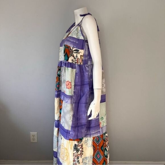 Handmade Multicolor Patchwork Tiered Sundress with Shoulder Straps Size L - Picture 3 of 10